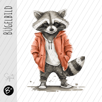 Bügelbild - " Racoon - Koralle " - Maße nach Auswahl